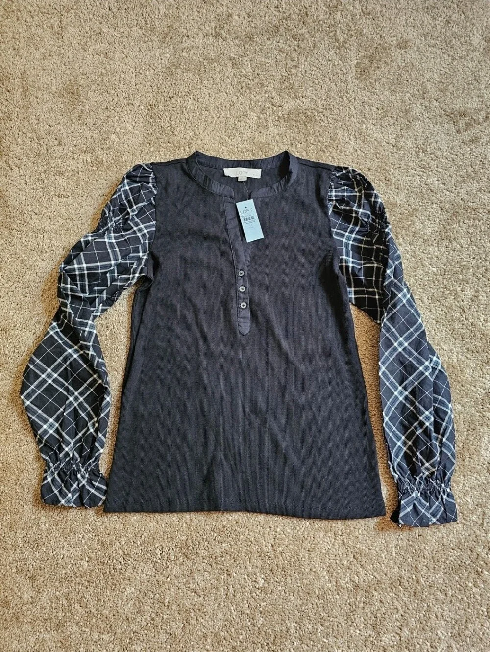 LOFT Black Henley with White Grid Puff Sleeves